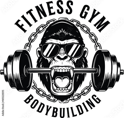Fitness Gym Bodybuilding Gorilla Logo Strong Mascot Animal Sunglasses Chain Barbell Weightlifting Illustration Vector Design Graphic Artwork