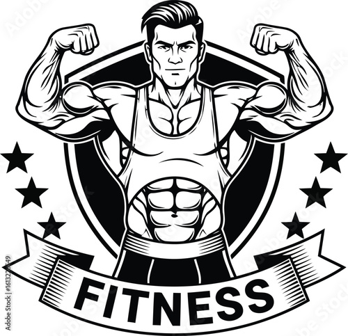 Powerful Fitness Man with Muscular Body Building Strength Displaying Arms and Core with Shield and Star Elements in Black and White