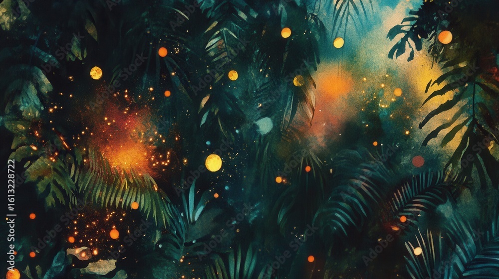 Fototapeta premium Glowing orbs among tropical plants in a magical nighttime setting