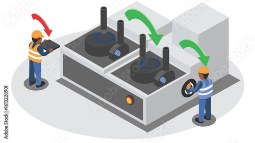 Isometric view of industrial machine operated by two workers with safety gear and directional arrows