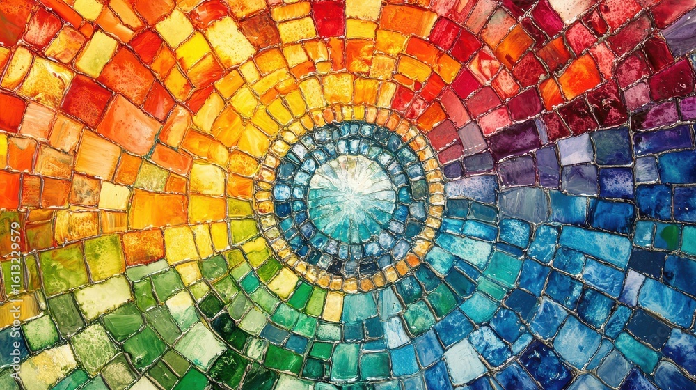 Fototapeta premium Colorful circular mosaic artwork displayed in bright studio