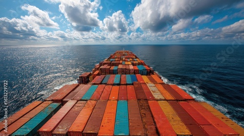 Fully loaded cargo ship on calm sea, top view. Global trade efficiency, maritime logistics and sustainable shipping concept,