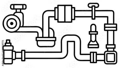 Illustration of interconnected pipes with valves and fittings in a plumbing system design layout