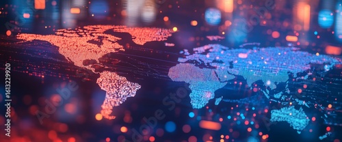 A colorful illustration of a world map with red and blue pixels on a dark background with a shallow depth of field and bokeh effect conveying a modern and technological mood.