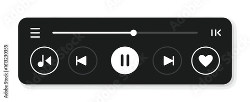 Minimalist dark music player interface with playback controls and a heart icon vector