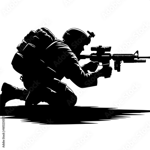 Black and White Vector Silhouette of a Soldier Crawling with Rifle