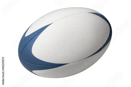 Photorealistic white and blue rugby ball rotating in 3d, spinning on transparent background