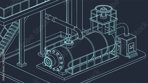Isometric line drawing of industrial equipment with tank, pipes, and platform structure in blue on dark background