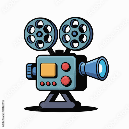Cartoon vintage movie projector with blue reels and lens film