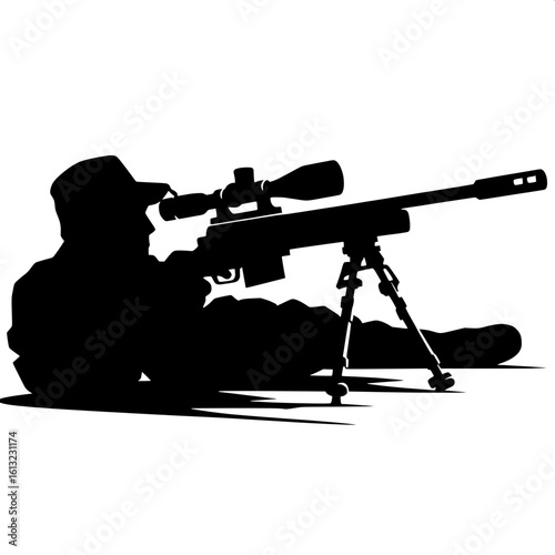 Black and White Vector Silhouette of a Sniper in Lying Position