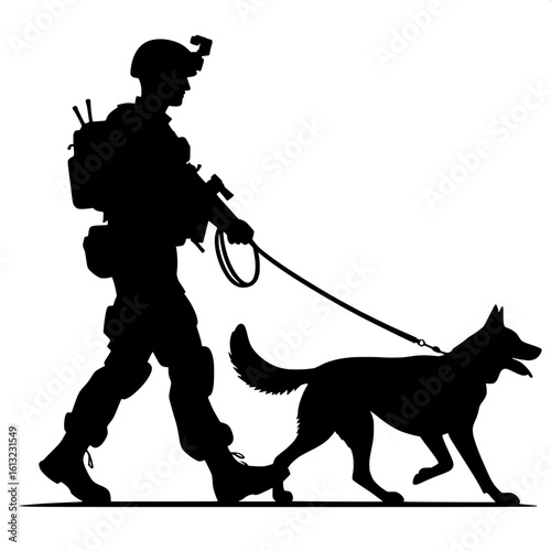 Black and White Vector Silhouette of a Military Dog with Handler
