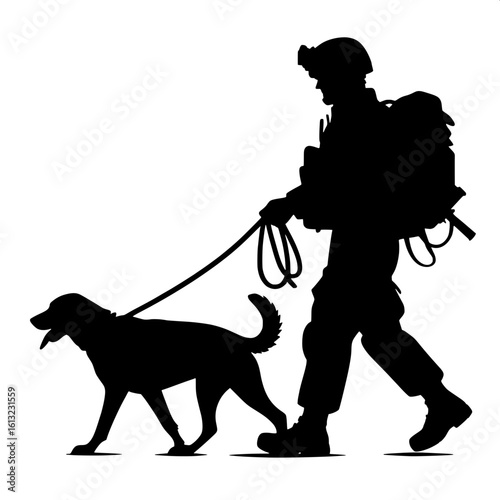 Black and White Vector Silhouette of a Military Dog with Handler