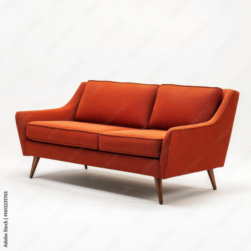 Fototapeta premium Mid-century modern orange sofa in serene indoor studio