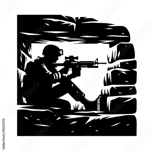 Black and White Vector Silhouette of a Soldier Inside Bunker