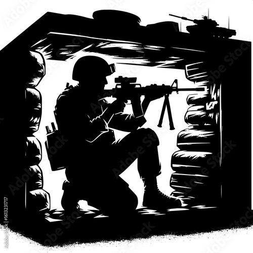 Black and White Vector Silhouette of a Soldier Inside Bunker