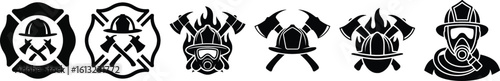 Firefighter helmet and axe silhouette vector badge set, perfect for emergency, rescue, and fire department design projects