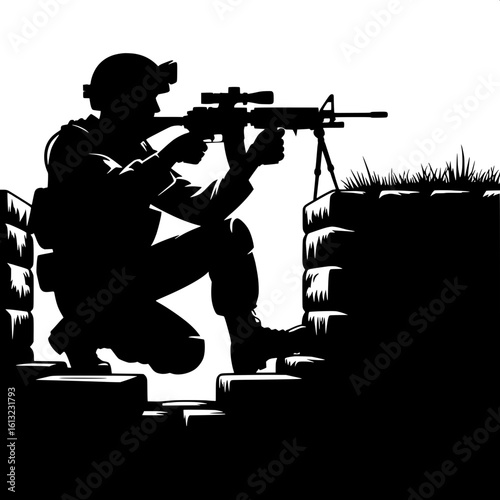 Black and White Vector Silhouette of a Soldier Inside Bunker