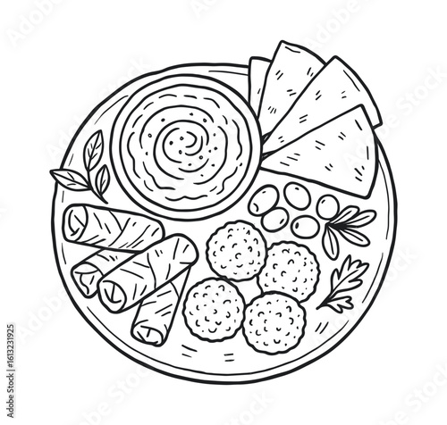 Illustration of a Middle Eastern food platter with hummus, falafel, and spring rolls.