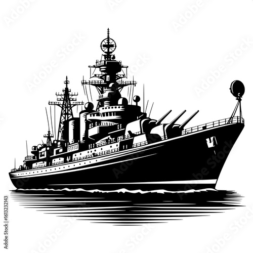 Black and White Vector Silhouette of Warship on Water