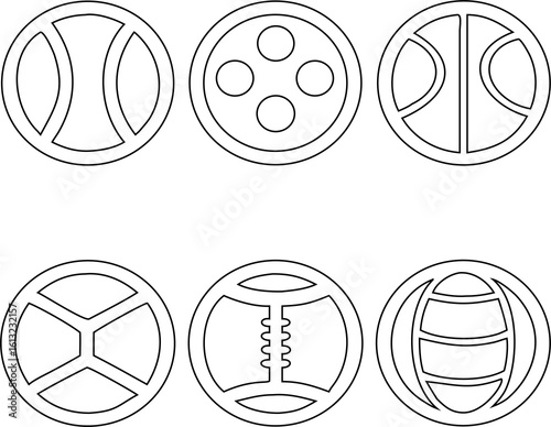 Thin line icon set of sports balls including soccer, basketball, tennis, and more. Ideal for UI kits, sport banners, and game-related graphic designs.

