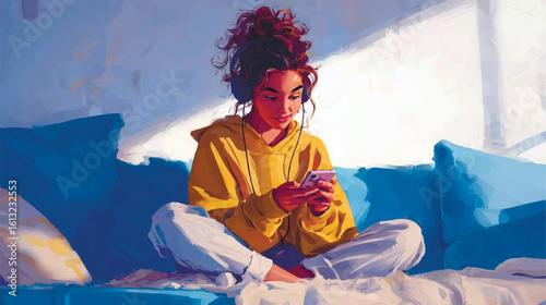 An illustration of a woman with headphones relaxing on her bed, using her phone.