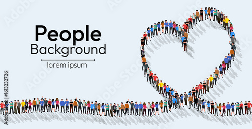 Large group of people in the heart sign shape background. Single line.