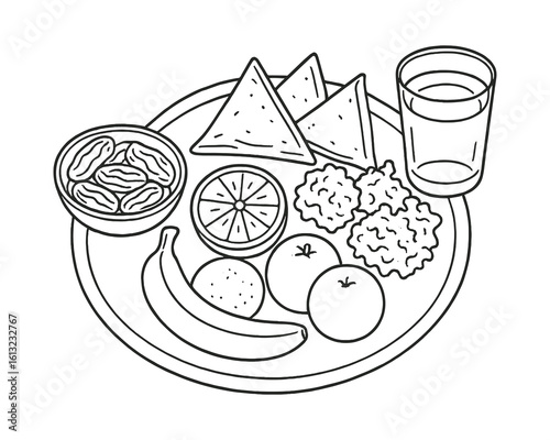 A drawing of traditional Iftar meal with samosas, dates and fruit, served on round plate.