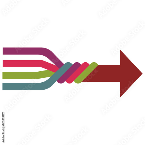 colored lines merging into a single, cohesive arrow symbolize different ideas, departments, or individuals contributing to one objective.