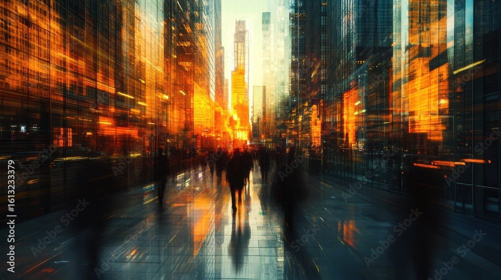 Fototapeta premium Diverse group of people walking in busy city at sunset