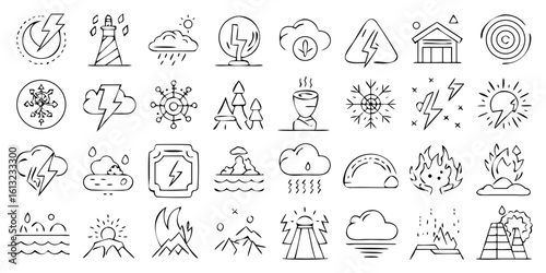 Collection of weather and nature related icons in outline style on black background