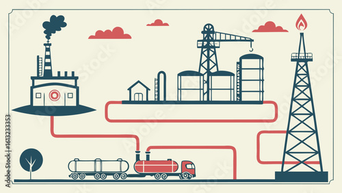 Illustration of an industrial landscape featuring a factory, oil tanks, and a tanker truck with pipelines