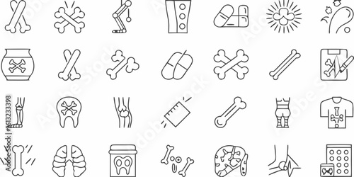 Set of Linear Icons Related to Bones and Orthopedics