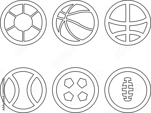 Minimal outline sports ball icons, including football, basketball, volleyball, and tennis. Ideal for team branding, mobile apps, and sports graphics.

