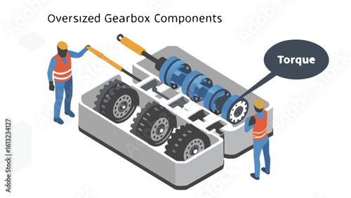 Isometric view of oversized gearbox components with torque label and two workers present