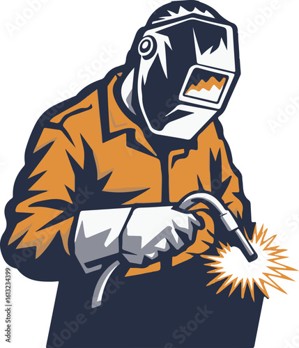 Worker in welding helmet and protective gear