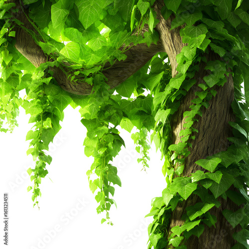 Lush Ivy Vines Climbing Tree Trunk with Bright Green Leaves