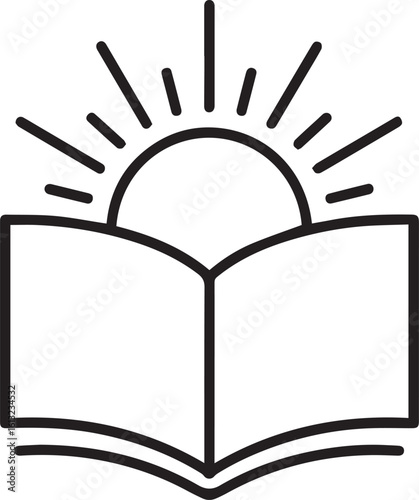 Open book with sun rising above pages isolated on white background