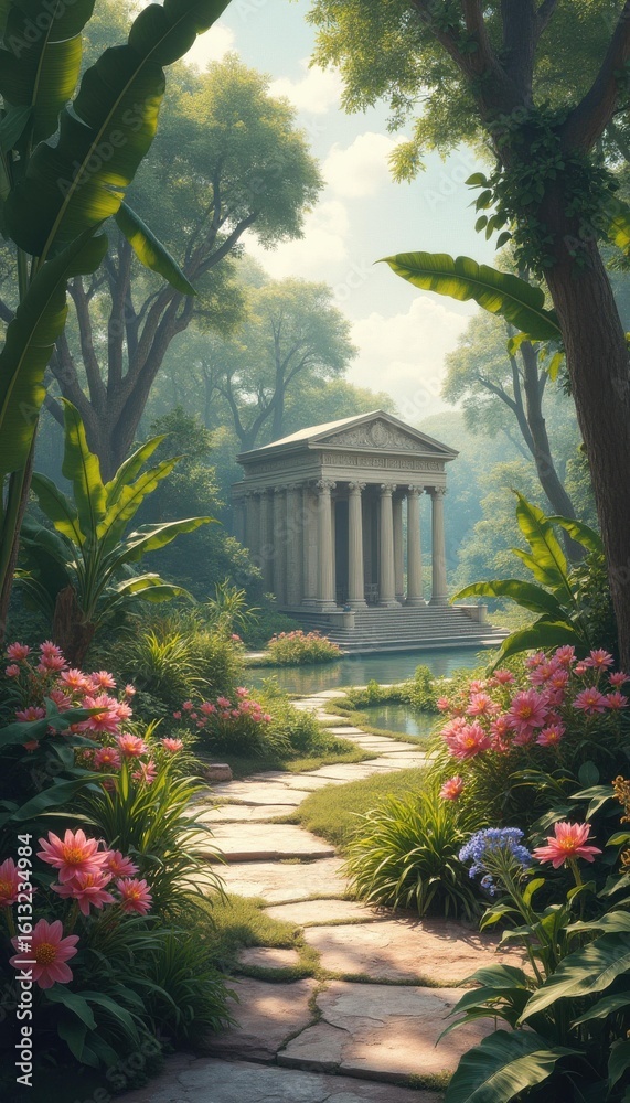 Fototapeta premium Serene temple in lush garden with flowers and pond