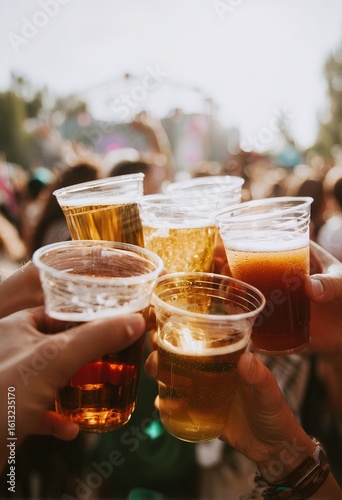 Friends toasting craft beers at music festival
