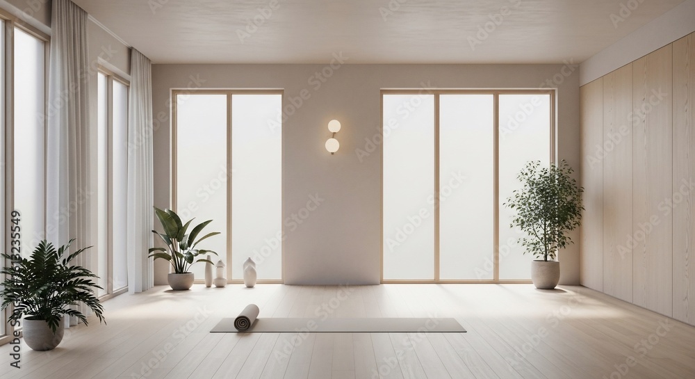 Fototapeta premium Zen Yoga Studio with Natural Light and Serene Atmosphere for Mindfulness Practice