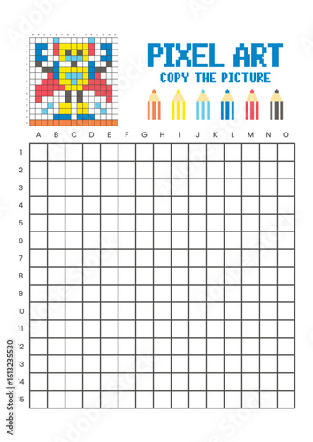 Copy the picture grid drawing worksheet for kids. Pixel art robot