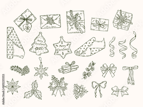Hand-drawn Christmas doodle set with gift boxes, ribbons, bows, tags, wrapping paper elements, and festive decorations