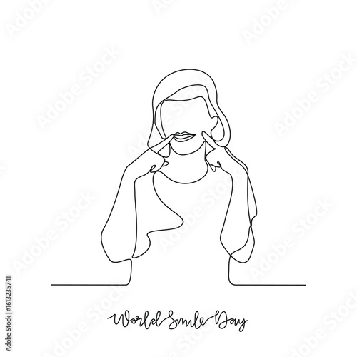 One continuous line drawing of World Smile Day vector illustration. World Smile Day themes design concept in simple linear continuous line. Great vector design for social good habit campaign.