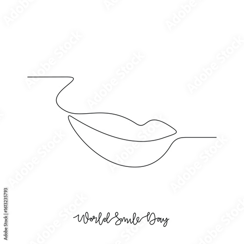 One continuous line drawing of World Smile Day vector illustration. World Smile Day themes design concept in simple linear continuous line. Great vector design for social good habit campaign.