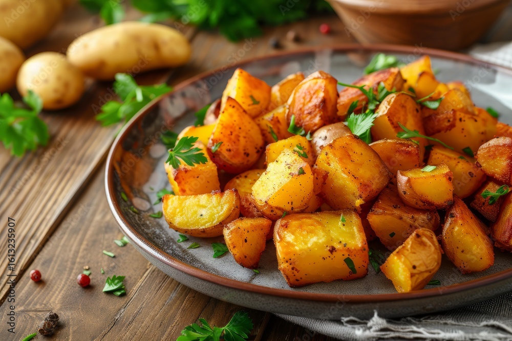 Enjoying crispy roasted potatoes seasoned with fresh herbs and spices, served on a rustic wooden table Enjoying crispy roasted potatoes seasoned with fresh herbs and spices, served on a rustic wooden table