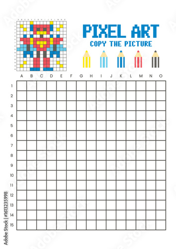 Copy the picture grid drawing worksheet for kids. Pixel art robot