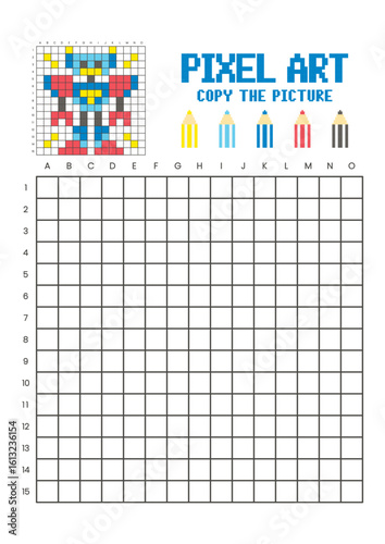Copy the picture grid drawing worksheet for kids. Pixel art robot