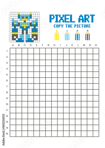 Copy the picture grid drawing worksheet for kids. Pixel art robot