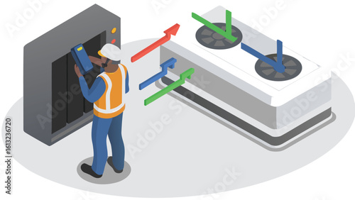 Technician inspecting server rack with cooling system indicated by directional arrows present here