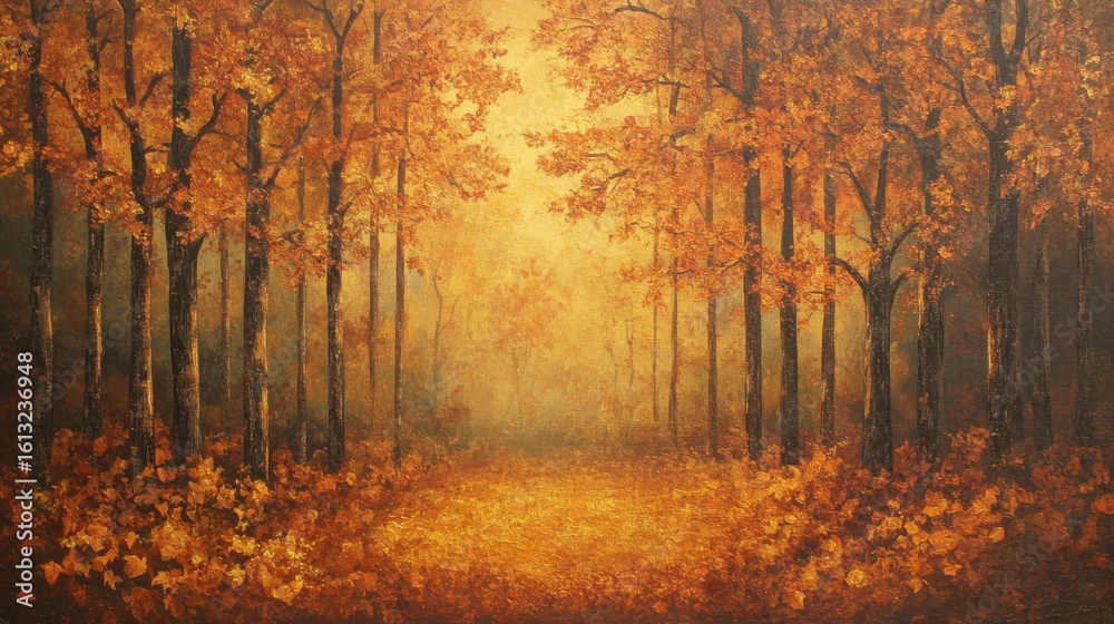 Obraz premium Serene autumn path through a forest with golden foliage
